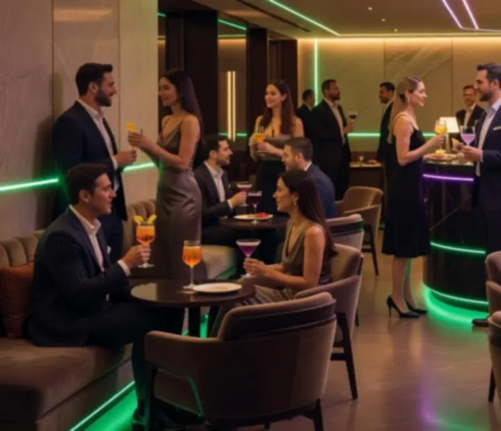 Vendégek beszélgetnek egy elegáns, sötét lounge eseményen