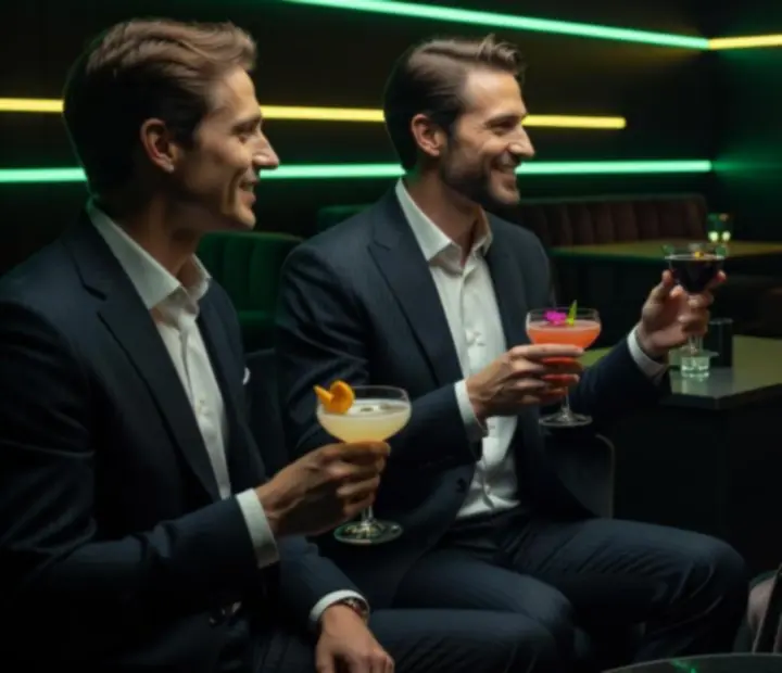 Vendégek társaságban, italokkal a Lume Lounge sötét, elegáns enteriőrjében