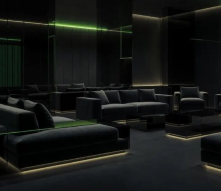 Sötét, elegáns lounge enteriőr, kényelmes ülőhelyekkel és hangulatos fényekkel