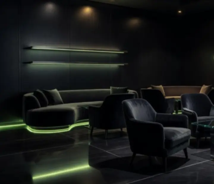 Sötét, hangulatos lounge enteriőr kényelmes fotelekkel és lágy fényekkel