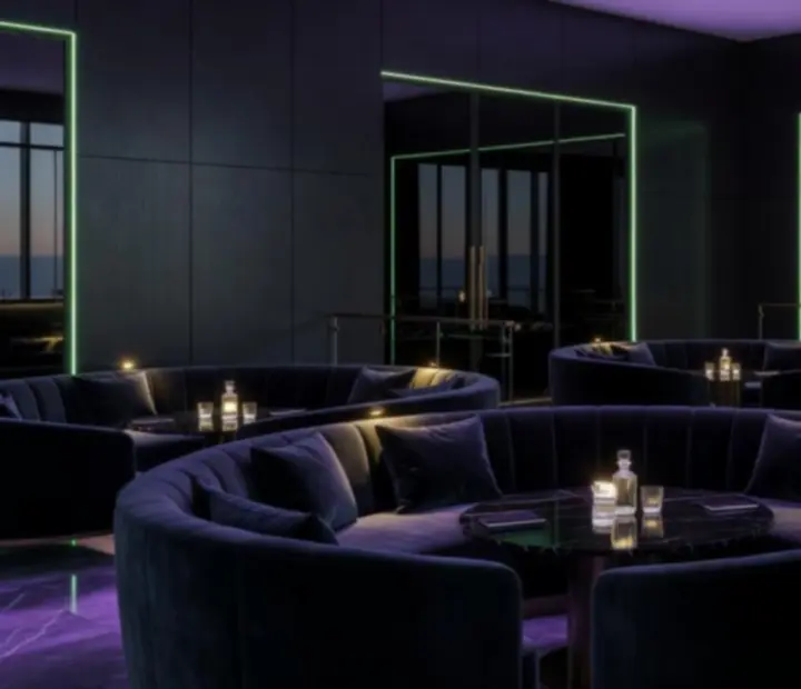 Prémium lounge belső tér esti hangulatvilágítással