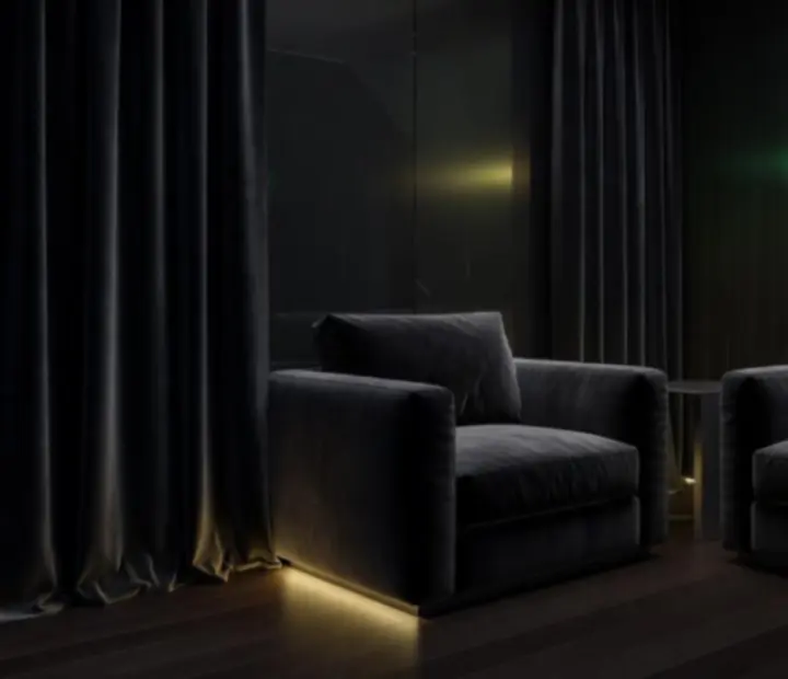 Meghitt lounge sarok sötét bársonnyal és hangulatos fényekkel