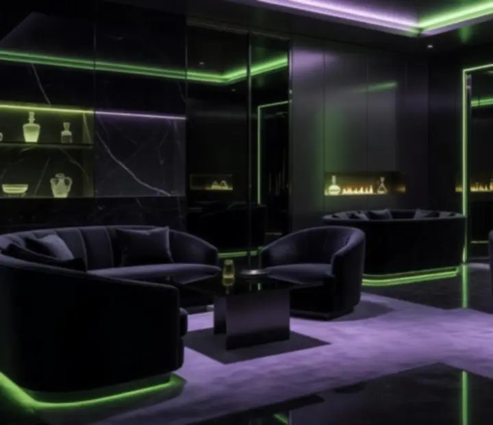Hangulatosan megvilágított privát lounge-zóna kényelmes kanapékkal